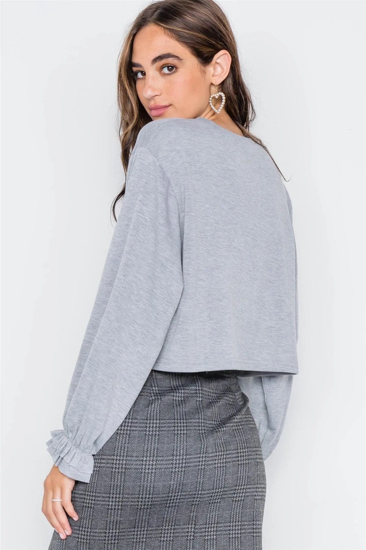 Heather Grey Ruffle Cuffs Crop Sweater Top / 3-2-1 - Tasha Apparel Wholesale