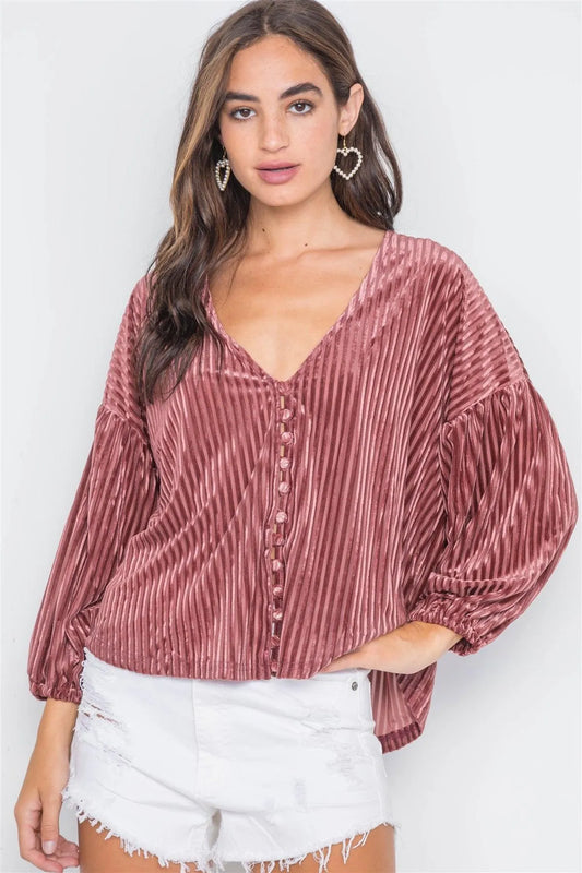 Rose Ribbed Velvet Loose Fit Button-Front Top /3-2-1 - Tasha Apparel Wholesale