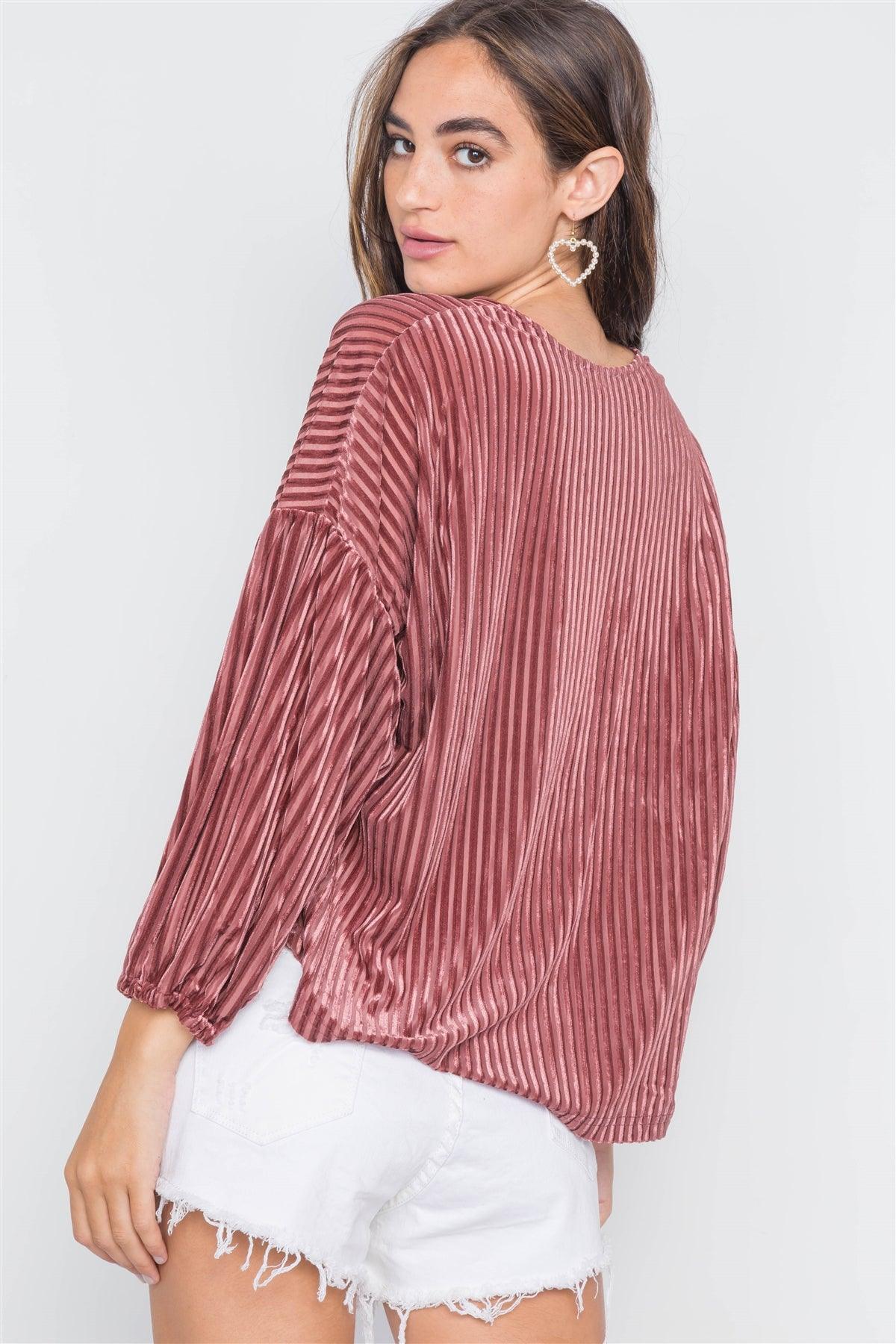 Rose Ribbed Velvet Loose Fit Button-Front Top /3-2-1