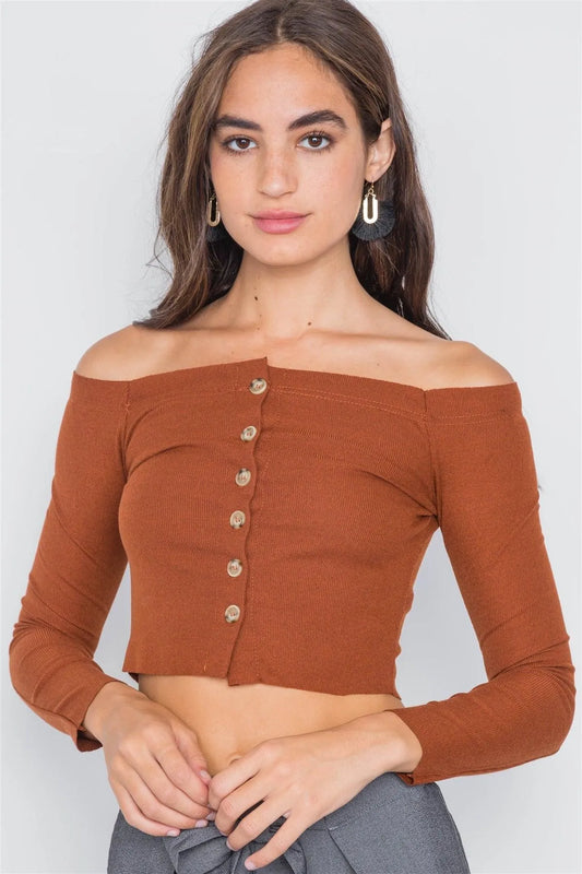 Copper Ribbed Knit Off-The-Shoulder Crop Top /3-2-1 - Tasha Apparel Wholesale