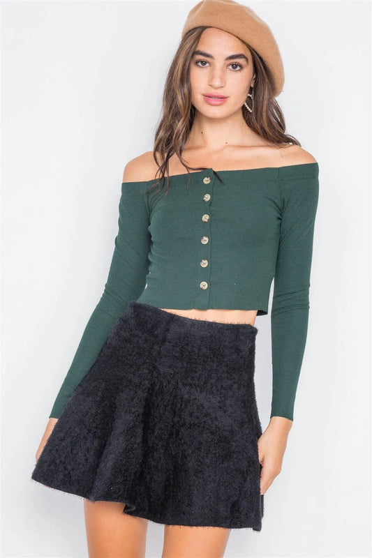 Hunter Green Ribbed Knit Off-The-Shoulder Crop Top /3-2-1 - Tasha Apparel Wholesale