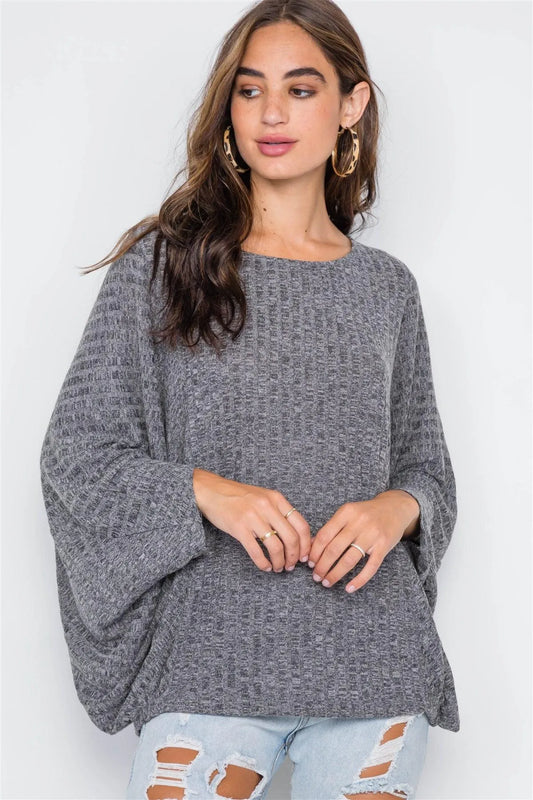 Charcoal Ribbed Loose Fit Knit Top /4-2 - Tasha Apparel Wholesale