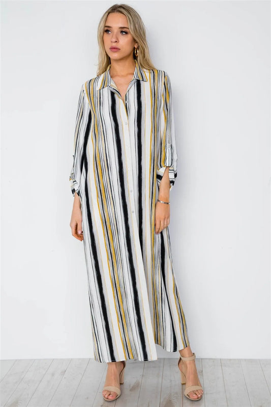 White Mustard Stripe Long Sleeve Button Down Shirt Dress / 2-2-2 - Tasha Apparel Wholesale