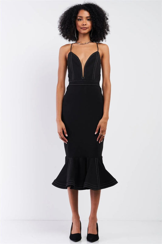 Black Sleeveless Deep V-Neck Mermaid Tail Flare Hem Midi Dress /3-2-1 - Tasha Apparel Wholesale