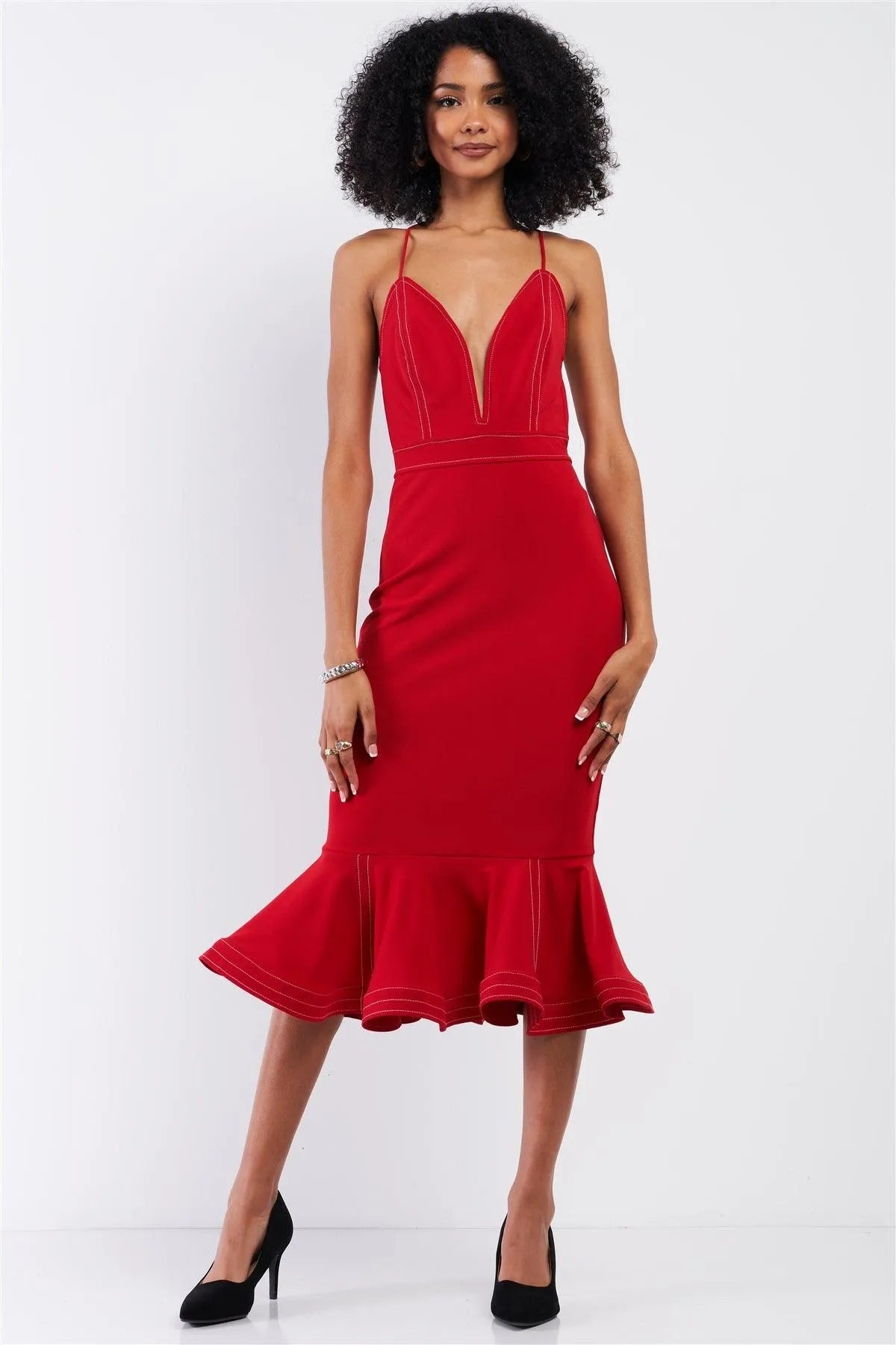 Red Sleeveless Deep V-Neck Mermaid Tail Flare Hem Midi Dress /3-2-1 Red Sleeveless Deep V-Neck Mermaid Tail Flare Hem Midi Dress /3-2-1