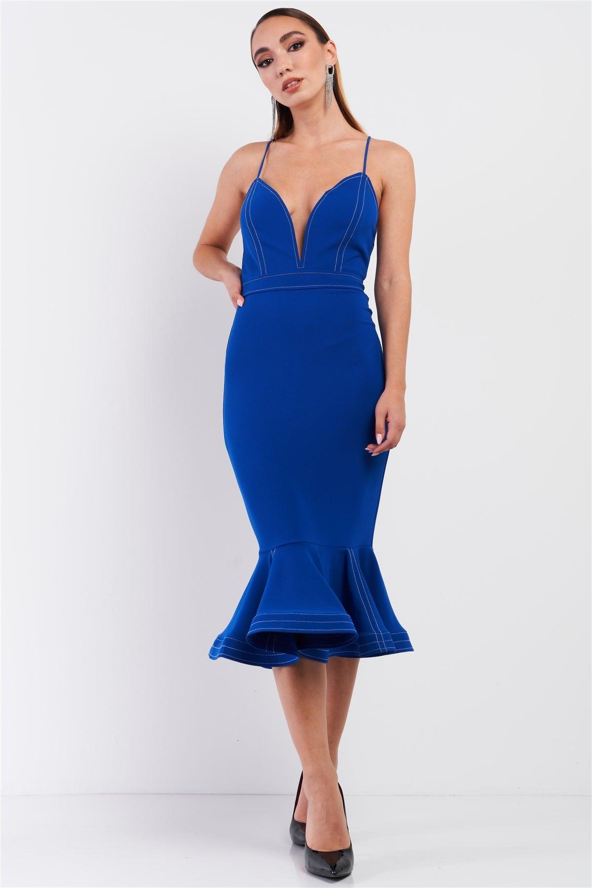 Royal Blue Sleeveless Deep V-Neck Mermaid Tail Flare Hem Midi Dress /3-2-1