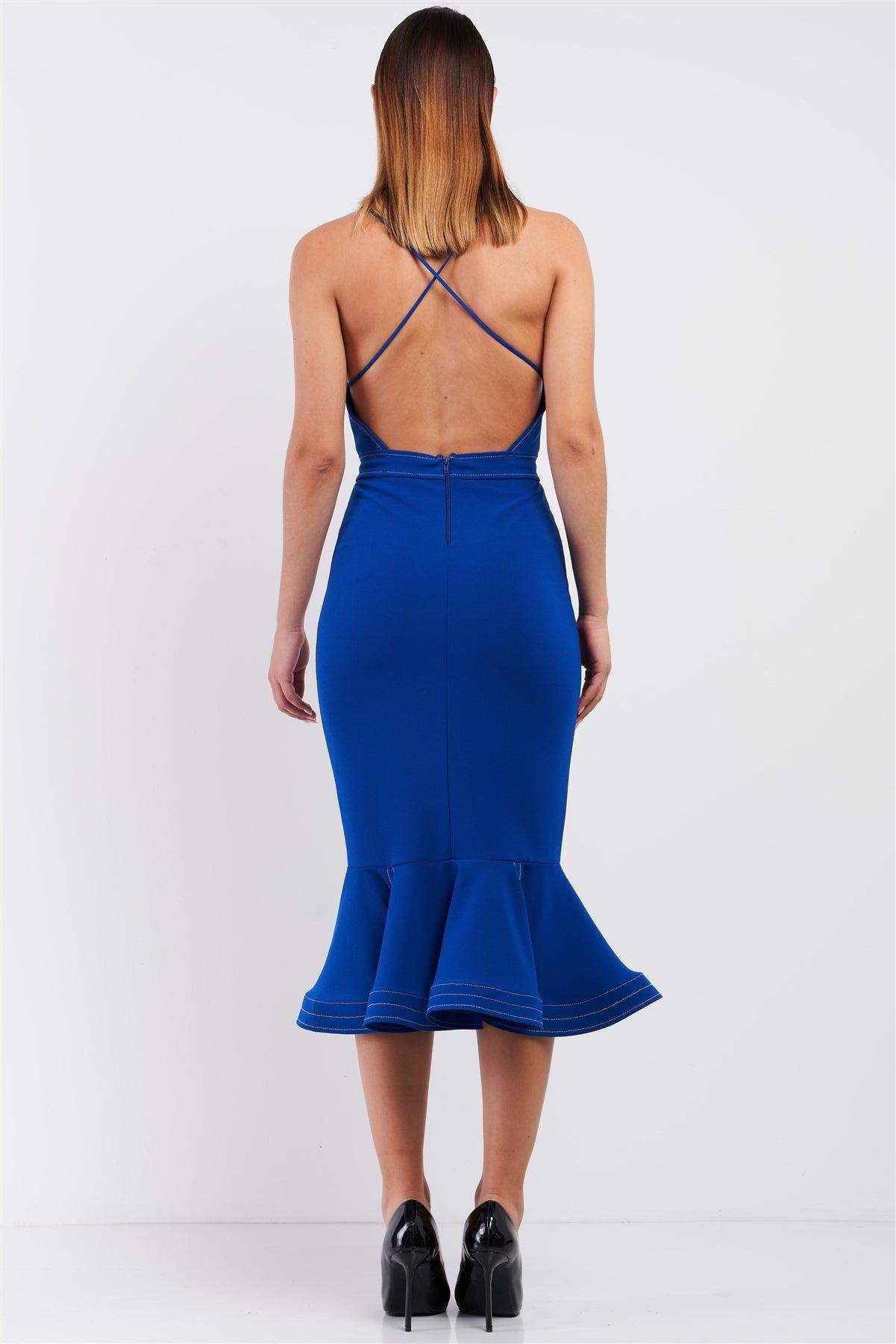 Royal Blue Sleeveless Deep V-Neck Mermaid Tail Flare Hem Midi Dress /3-2-1