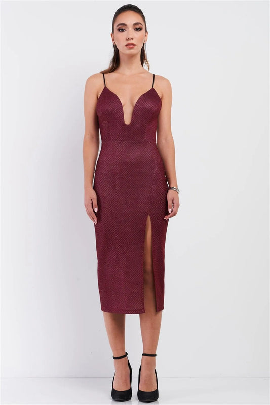 Ruby Red Shimmer Embroidered Sleeveless Deep Plunge Soft V-Neck Tight Fit Front Slit Criss-Cross Back Strap Detail Midi Dress /2-3 - Tasha Apparel Wholesale