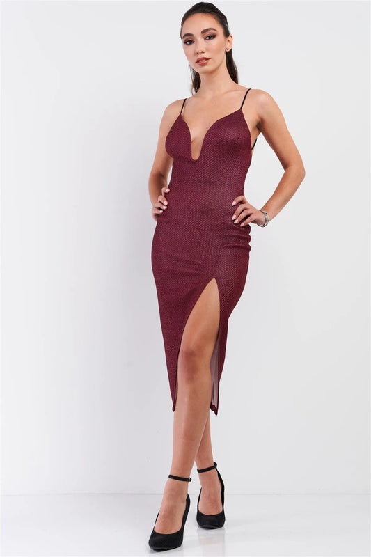 Ruby Red Shimmer Embroidered Sleeveless Deep Plunge Soft V-Neck Tight Fit Front Slit Criss-Cross Back Strap Detail Midi Dress /3-2-1 - Tasha Apparel Wholesale