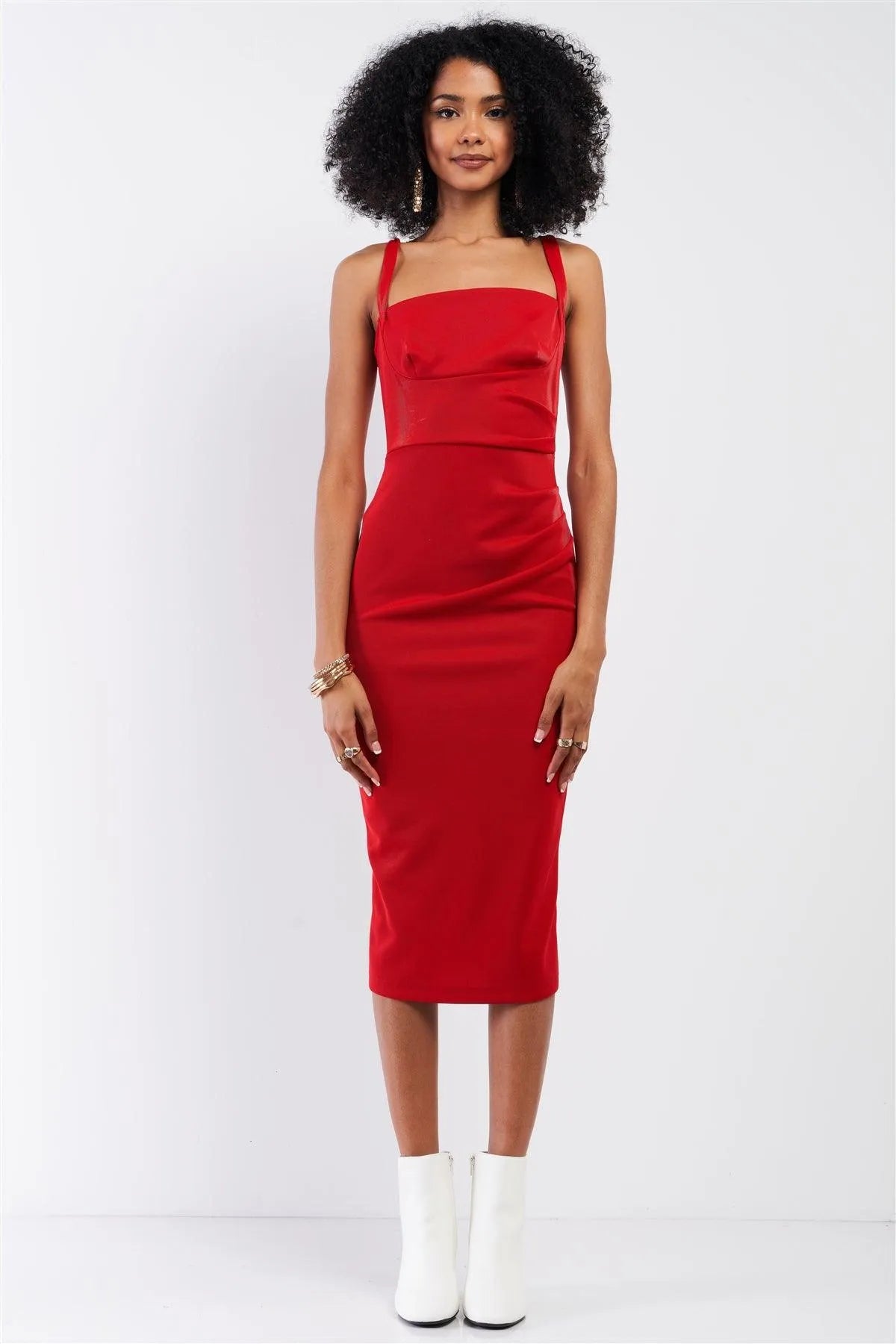 Red Sleeveless Square Neck Back Slit Detail Fitted Midi Dress - Tasha Apparel Wholesale