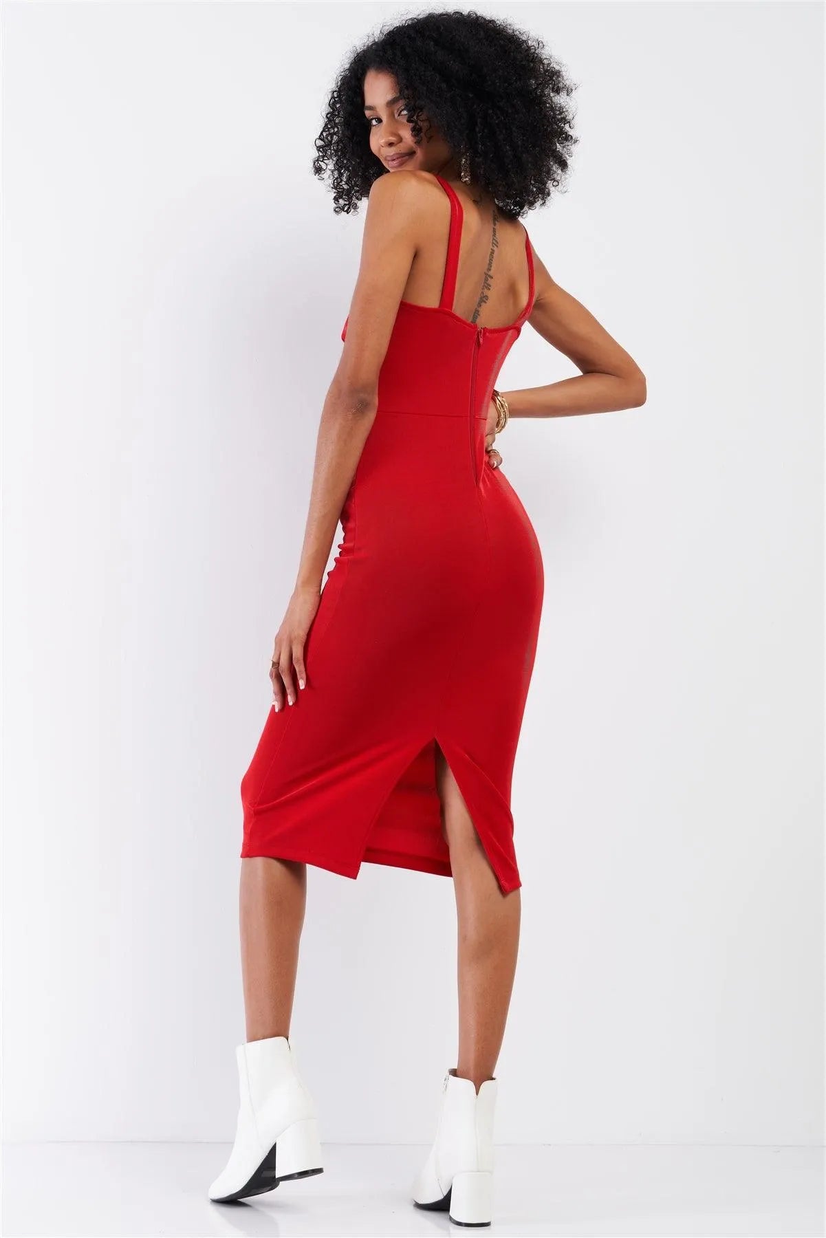 Red Sleeveless Square Neck Back Slit Detail Fitted Midi Dress - Tasha Apparel Wholesale