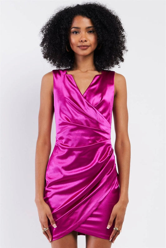 Orchid Satin Effect Sleeveless V-Neck Wrap Front Detail Mini Dress - Tasha Apparel Wholesale
