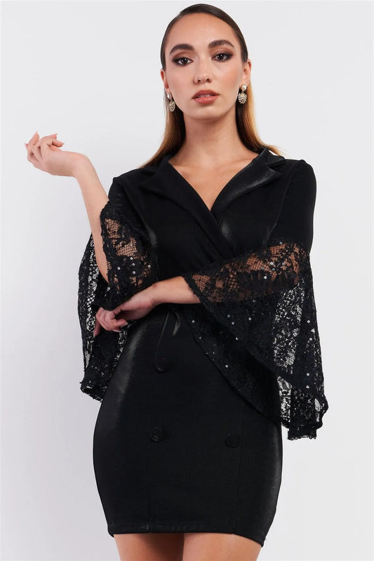 Black V-Neck Mesh Sequin Embroidered Sleeve Detail Mock Double Breast Blazer Mini Dress /3-2-1 - Tasha Apparel Wholesale