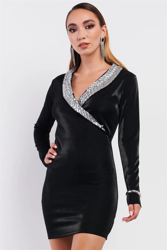 Black Long Sleeve V-Neck Triangle Cristal Collar Wrapped Top Mini Dress /3-2-1 - Tasha Apparel Wholesale
