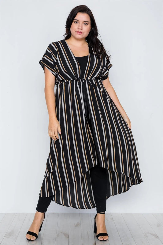 Plus Size Black Multi Stripe Kimono Cover Up - Tasha Apparel Wholesale