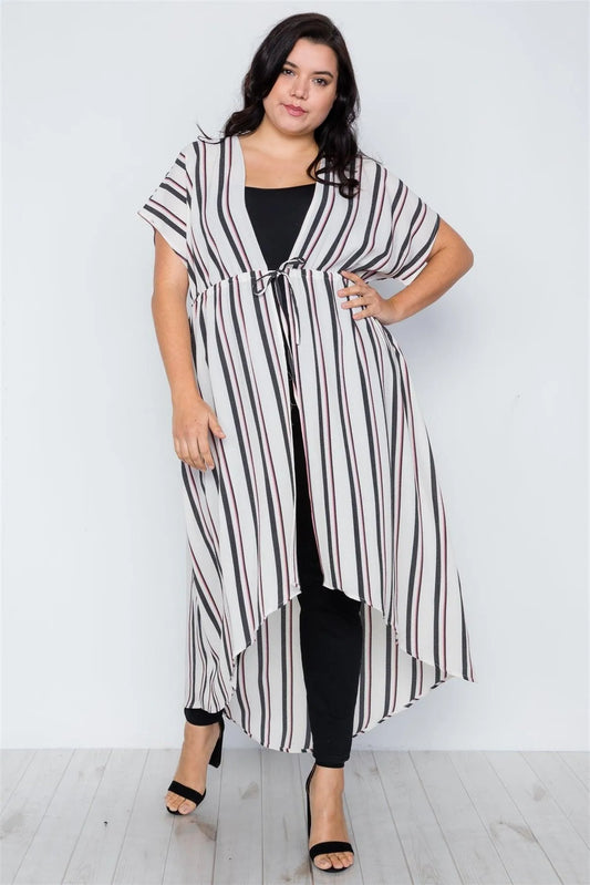 Plus Size White Multi Stripe Kimono Cover Up - Tasha Apparel Wholesale