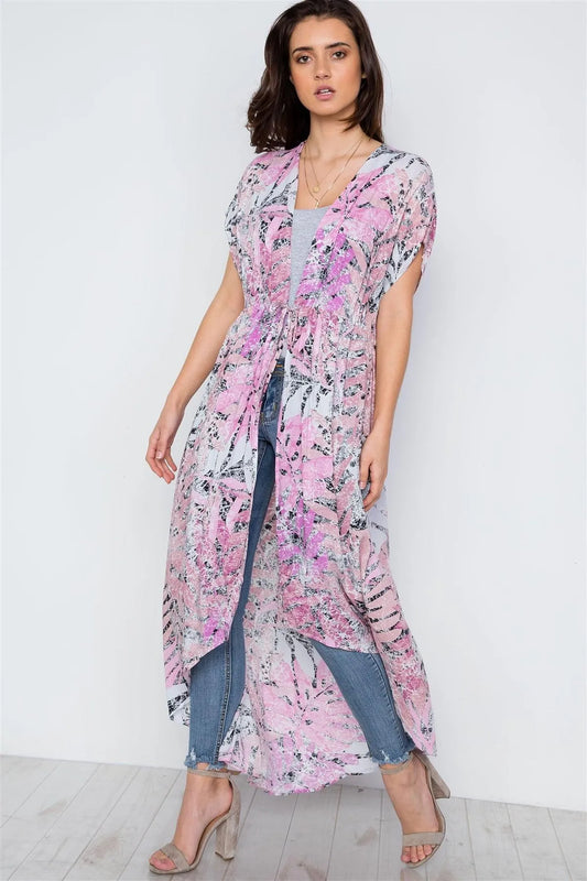 Pink Multi Color Floral Print Cover Up Cardigan / 2-2-2 - Tasha Apparel Wholesale