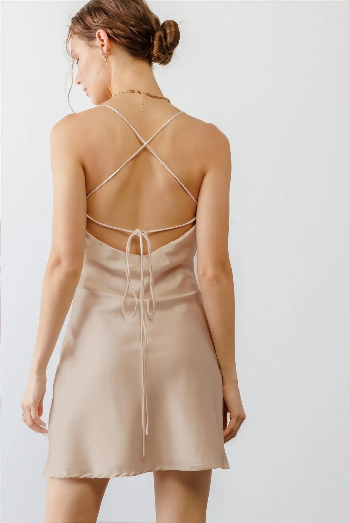 Taupe Cowl Neck Criss-Cross Back Mini Dress /3-2-1 - Tasha Apparel Wholesale