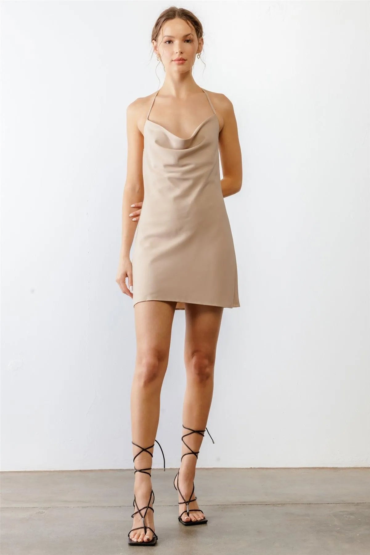 Taupe Cowl Neck Criss-Cross Back Mini Dress /3-2-1 - Tasha Apparel Wholesale