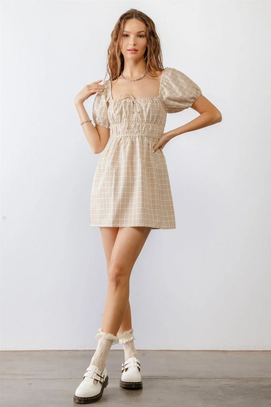 Taupe & White Plaid Cotton Puff Short Sleeve Mini Dress /2-2-2 - Tasha Apparel Wholesale