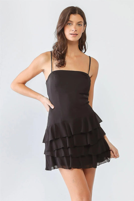 Black Strappy Ruffle Flare Hem Mini Dress /3-1-1 - Tasha Apparel Wholesale