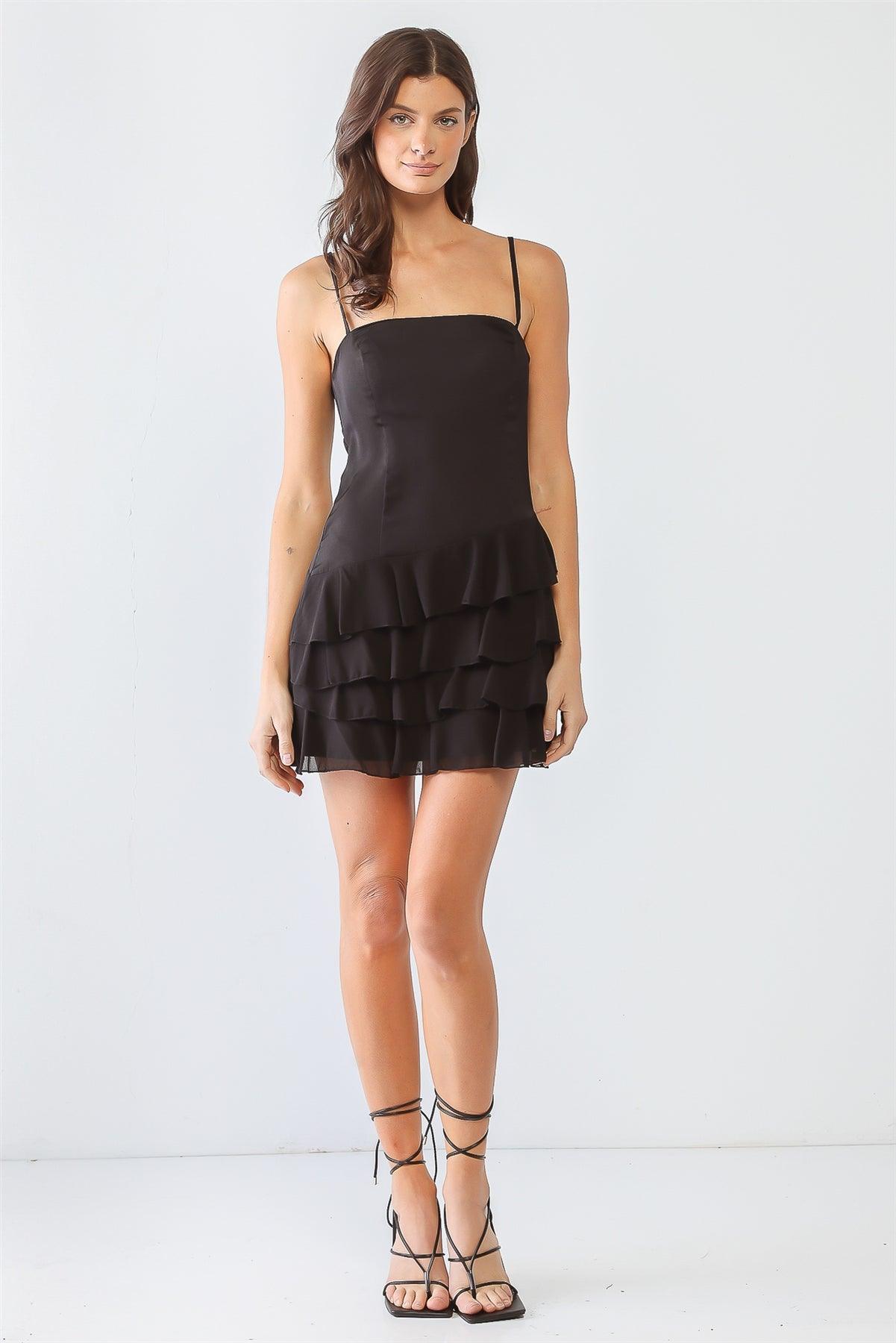 Black Strappy Ruffle Flare Hem Mini Dress /3-2-1
