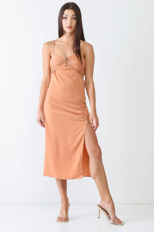 Dusty Orange Sleeveless Strappy U-Ring Cut-Out Midi Dress /3-2-1 - Tasha Apparel Wholesale