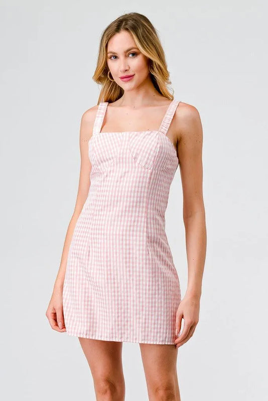 Pink Gingham Plaid Strappy Mini Dress /3-2-1 - Tasha Apparel Wholesale