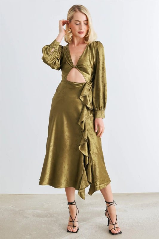 Olive Floral Satin Twist Cut-Out Long Sleeve Ruffle Midi Dress /1-2-2-1 - Tasha Apparel Wholesale