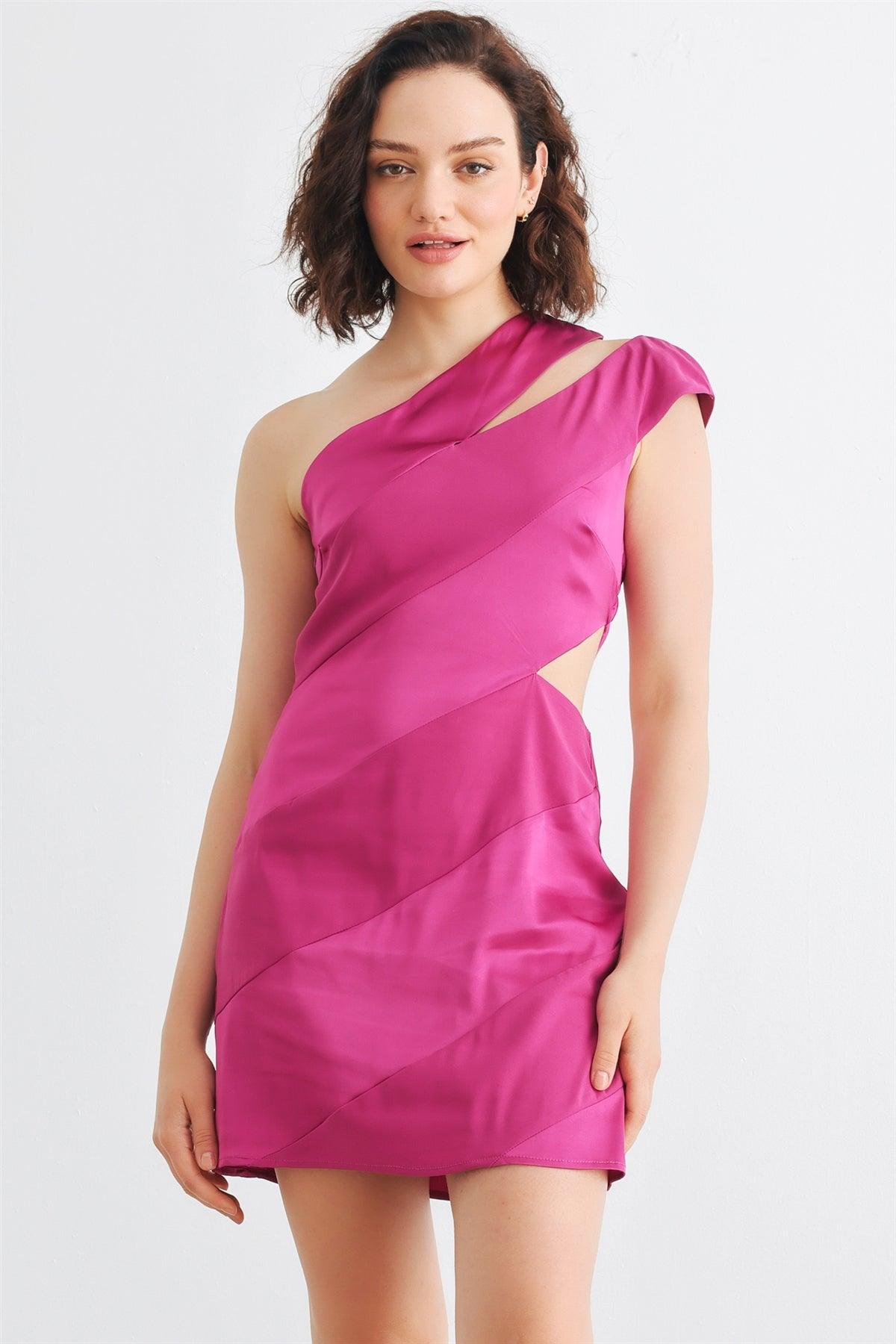 Magenta Satin Asymmetrical One Shoulder Cut-Out Mini Dress /1-2-2-1