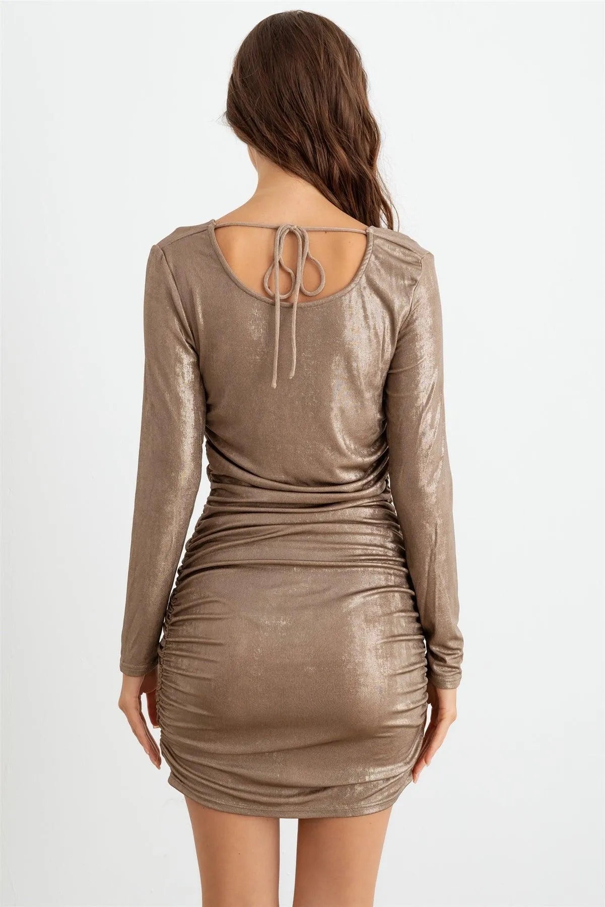 Taupe Shiny Ruched Back Strap Long Sleeve Mini Dress /1-2-2-1 - Tasha Apparel Wholesale