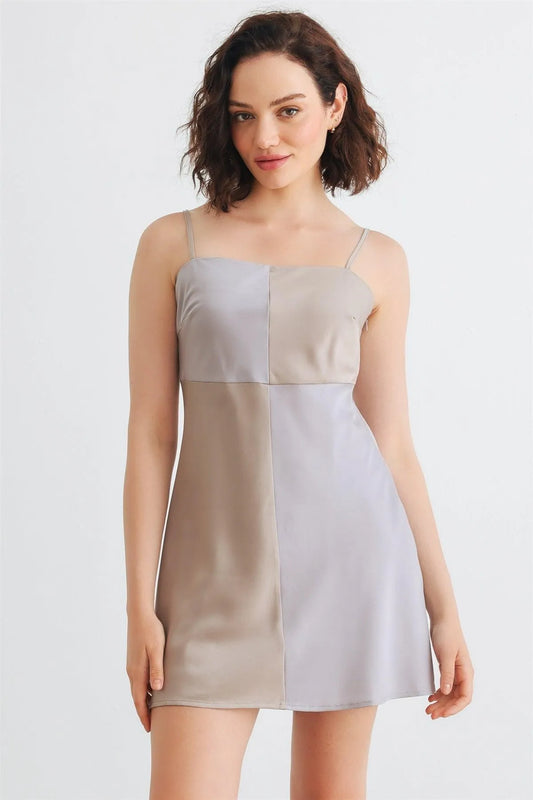 Stone Colorblock Satin Strappy Mini Dress /1-2-2-1 - Tasha Apparel Wholesale