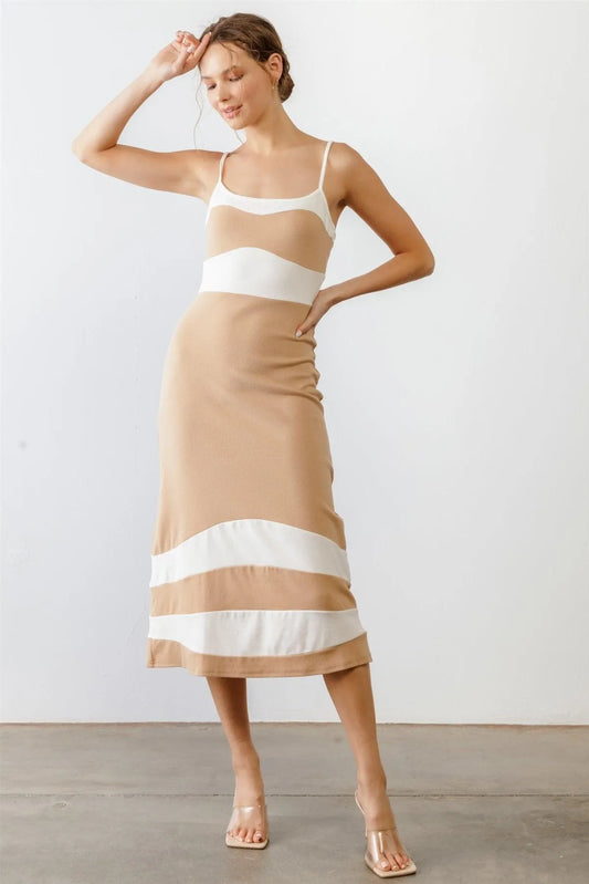 Tan & White Stripe Cotton Strappy Midi Dress /1-2-2-1 - Tasha Apparel Wholesale