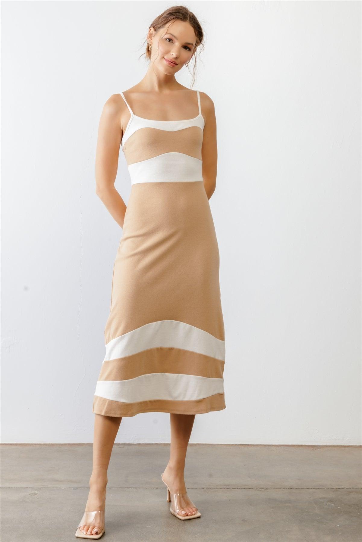 Tan & White Stripe Cotton Strappy Midi Dress /1-2-2-1