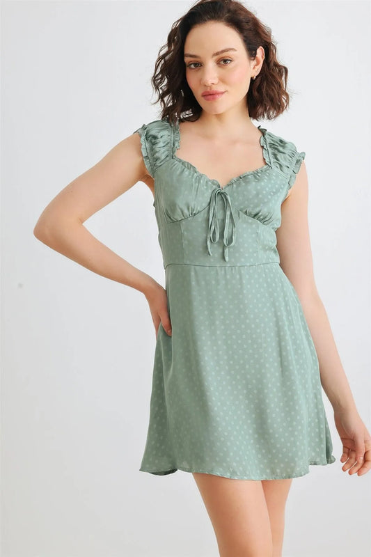 Green Polka Dot Satin Sweetheart Neck Sleeveless Mini Dress /1-2-2-1 - Tasha Apparel Wholesale