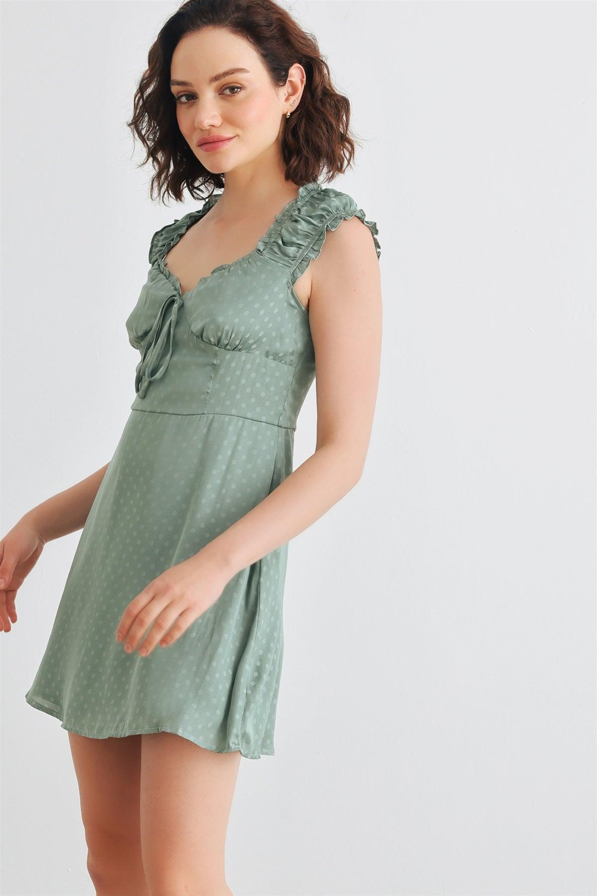 Green Polka Dot Satin Sweetheart Neck Sleeveless Mini Dress /1-2-2-1