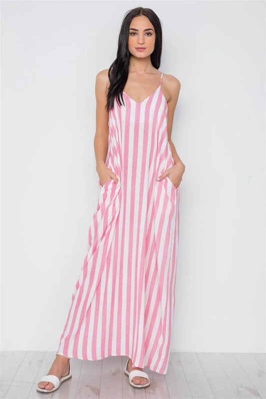 Pink White Stripe Cami Maxi Dress - Tasha Apparel Wholesale