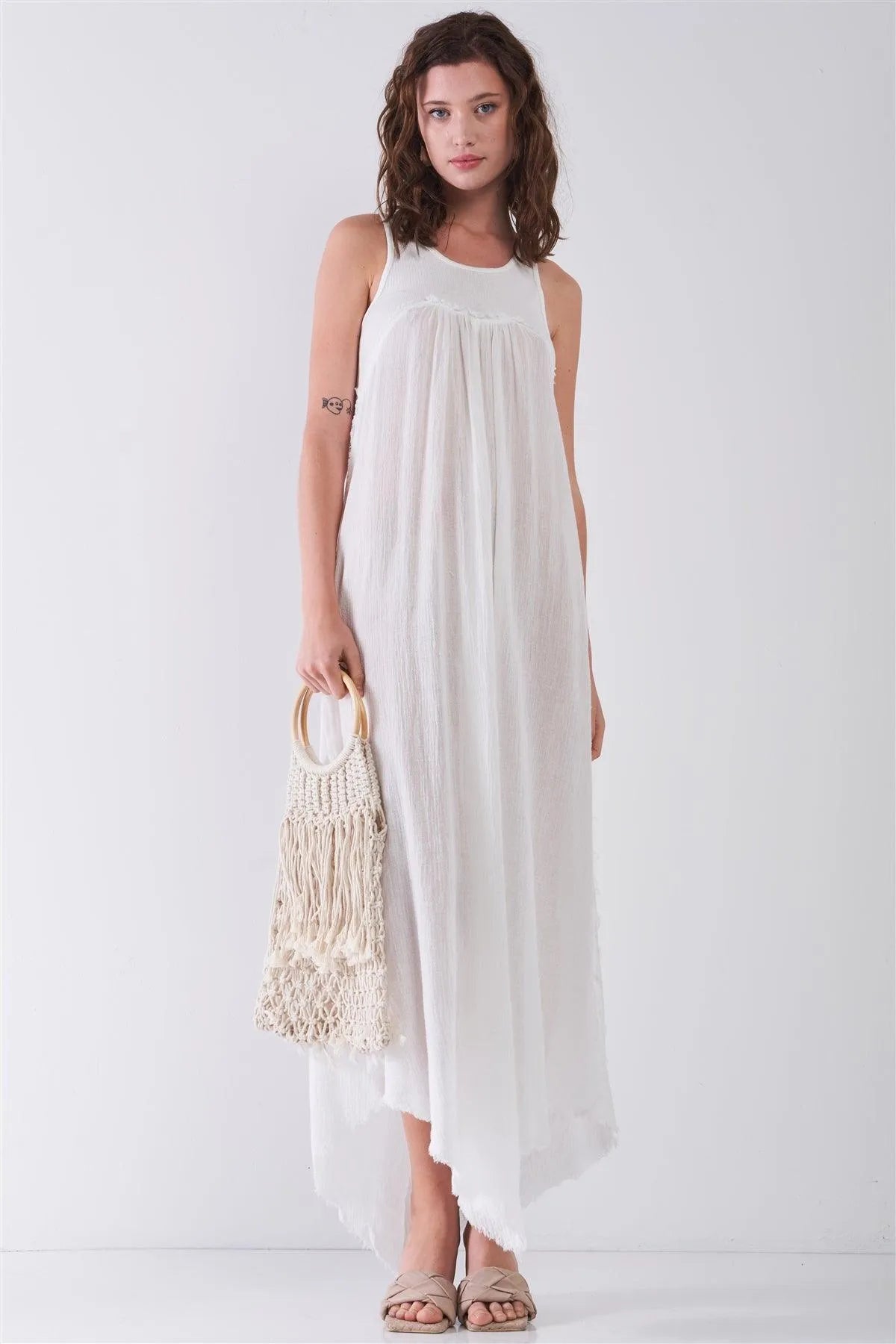 White Sleeveless Round Neck Asymmetrical Raw Hem Yoke Maxi Dress /3-2-1 - Tasha Apparel Wholesale