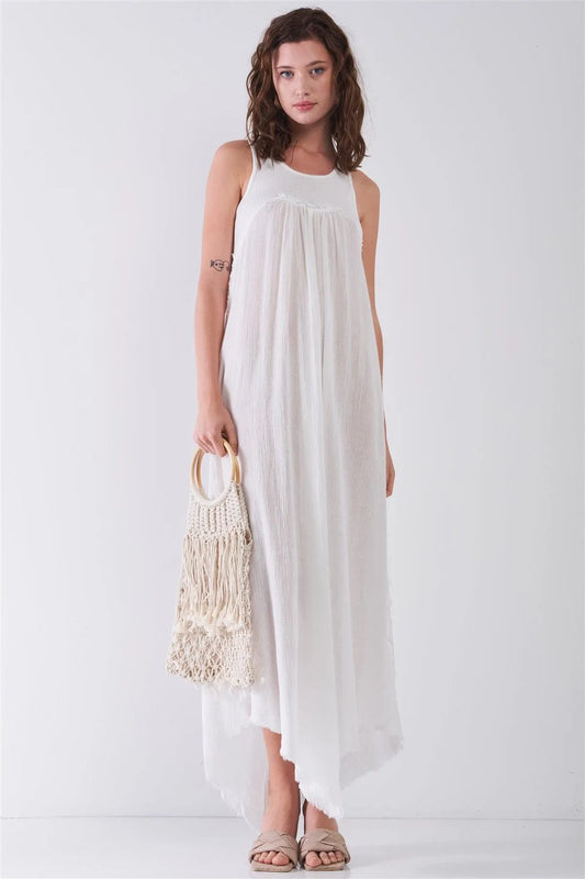 White Sleeveless Round Neck Asymmetrical Raw Hem Yoke Maxi Dress /3-2-1 - Tasha Apparel Wholesale