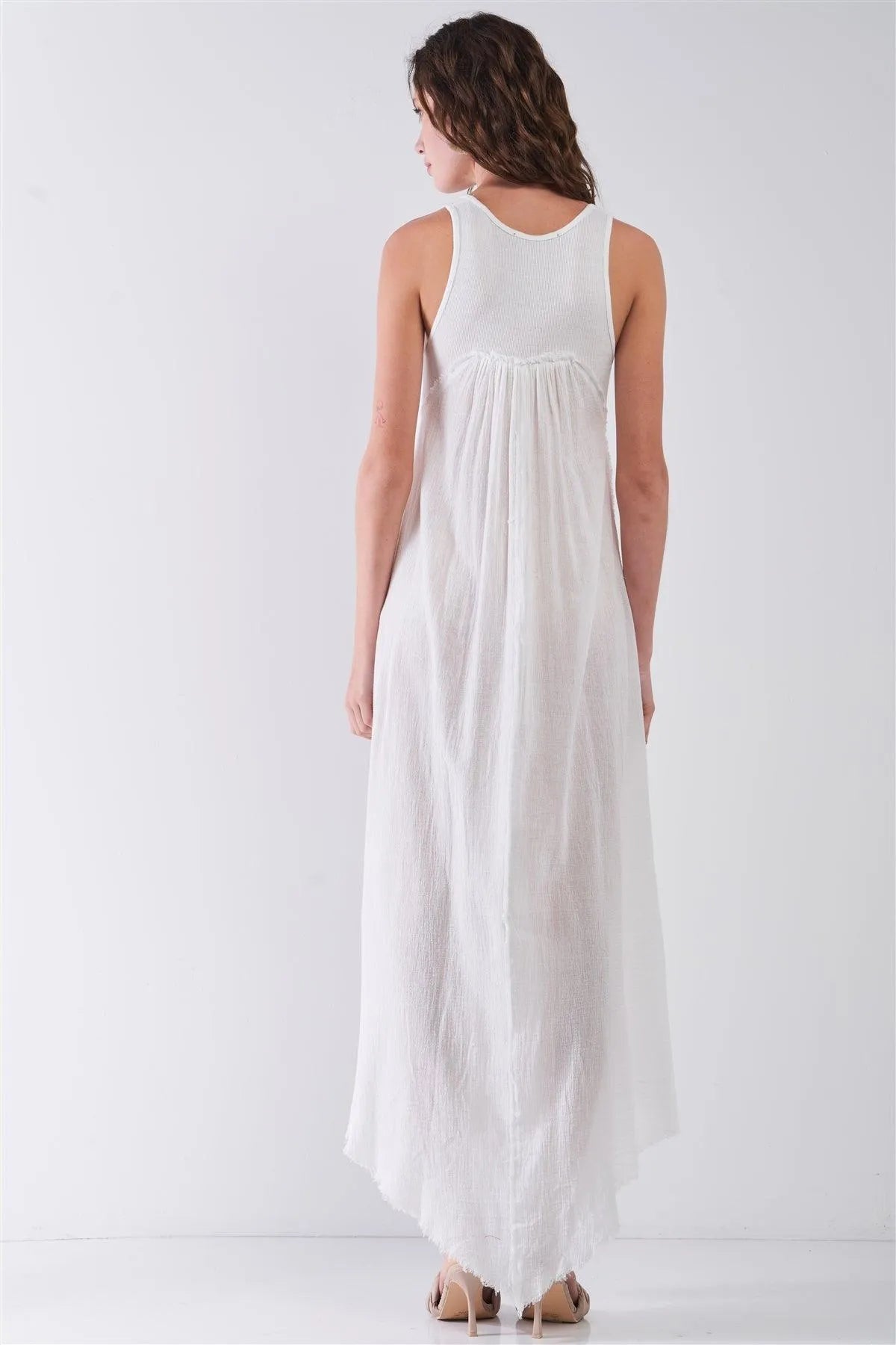 White Sleeveless Round Neck Asymmetrical Raw Hem Yoke Maxi Dress /3-2-1 - Tasha Apparel Wholesale