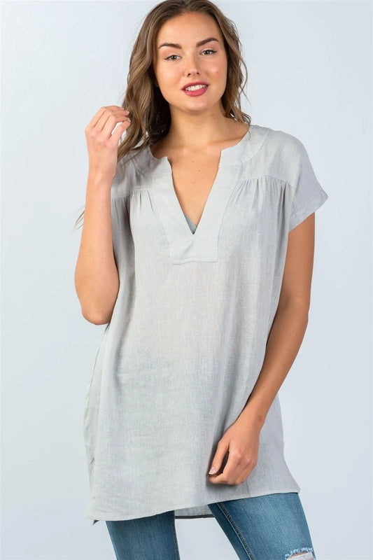 Cement V-Neck Drop Shoulder Oversized Tunic Top /3-2-1 - Tasha Apparel Wholesale