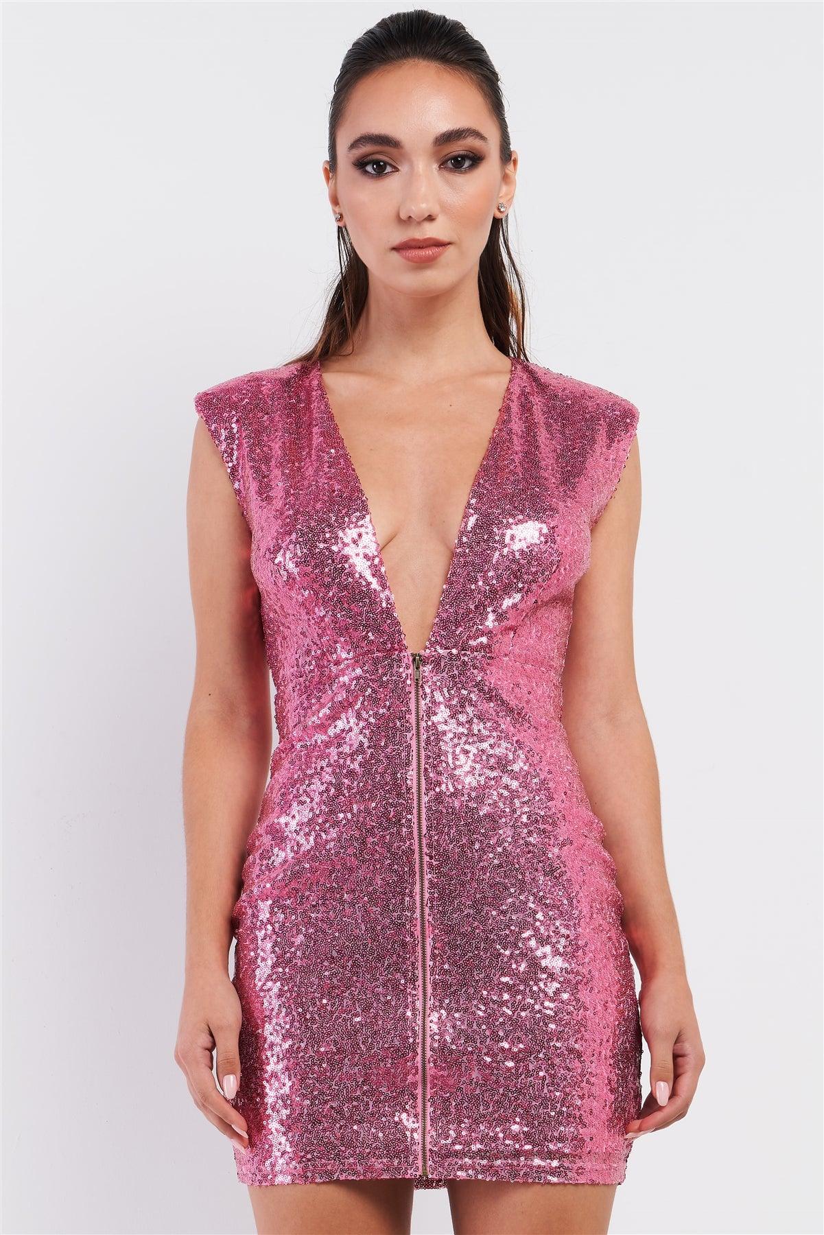 Shine Bright Like A Diamond Pink Sequin Sleeveless Deep Plunge V-Neck Front Zip-Up Detail Mini Dress /3-2-1