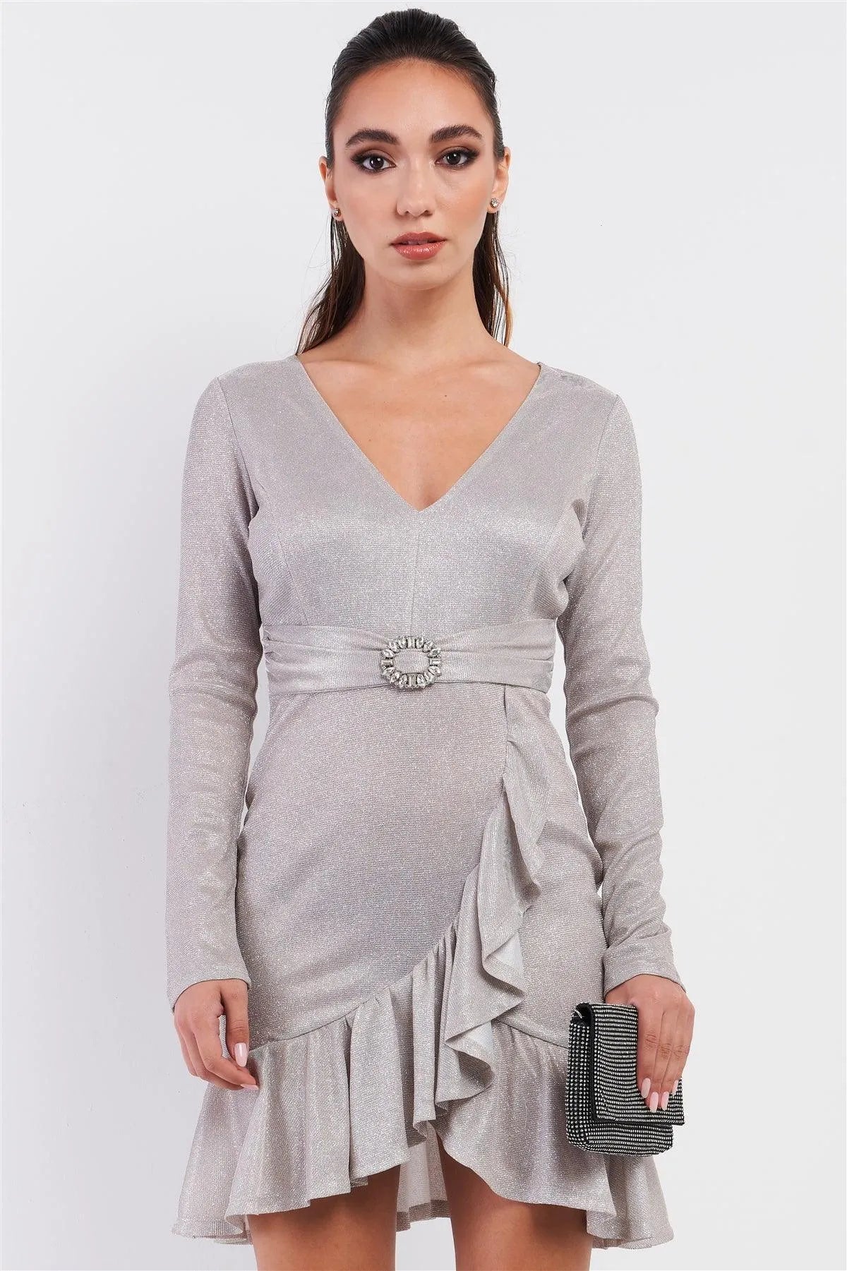 Pink Silver Long Sleeve V-neck Asymmetrical Wrap Flare Hem Belt Detail Oval Rhinestone Buckle Mini Dress /3-2-1 - Tasha Apparel Wholesale