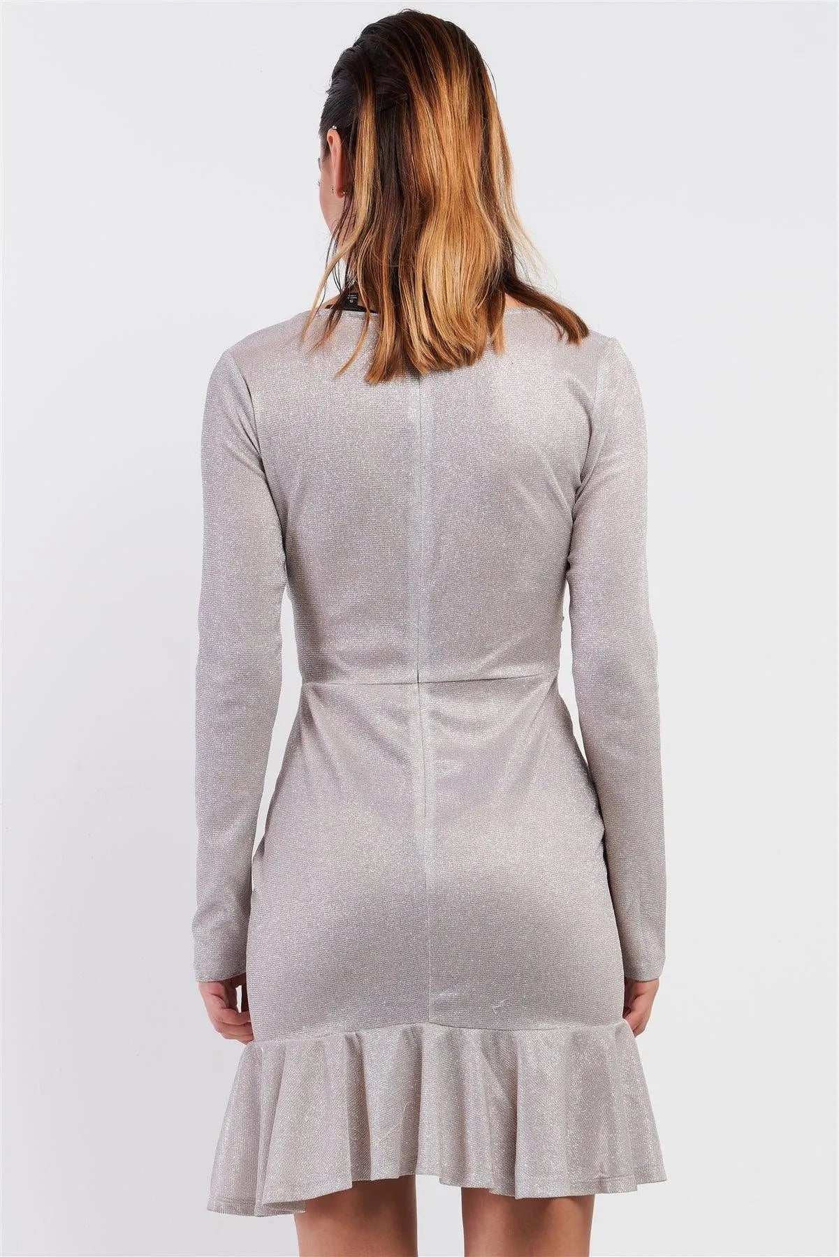 Pink Silver Long Sleeve V-neck Asymmetrical Wrap Flare Hem Belt Detail Oval Rhinestone Buckle Mini Dress /3-2-1 - Tasha Apparel Wholesale