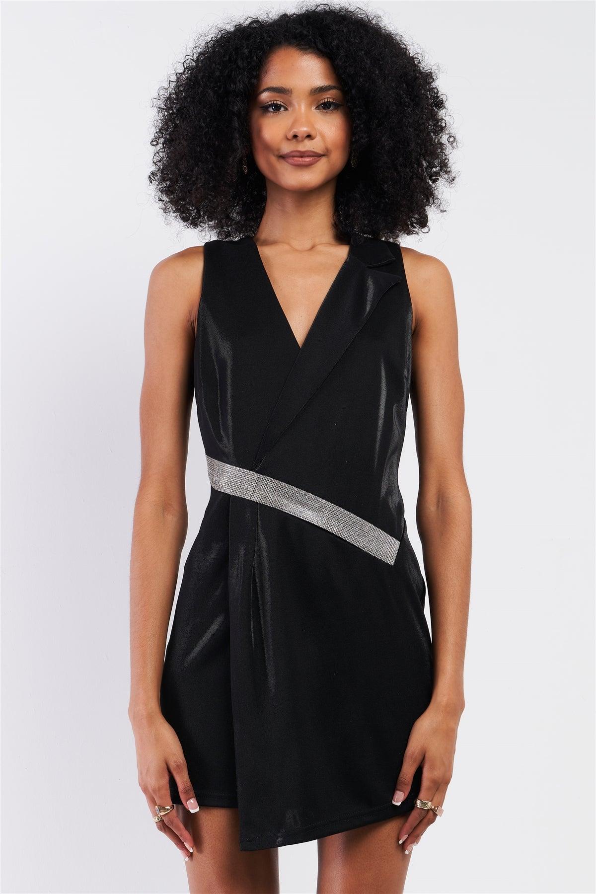 Black Sleeveless V-Neck Asymmetrical Wrap Rhinestones Detail Fitted Mini Blazer Dress /3-2-1