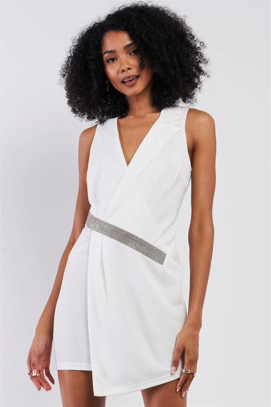 Ivory Sleeveless V-Neck Asymmetrical Wrap Rhinestones Detail Fitted Mini Blazer Dress /3-2-1 - Tasha Apparel Wholesale