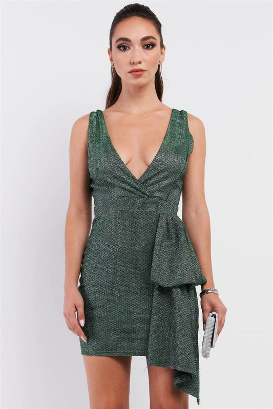 Green Shimmer Scales Embroidery Deep V-Neck Sleeve less Draped Bandage Mini Dress 3/2/1 - Tasha Apparel Wholesale