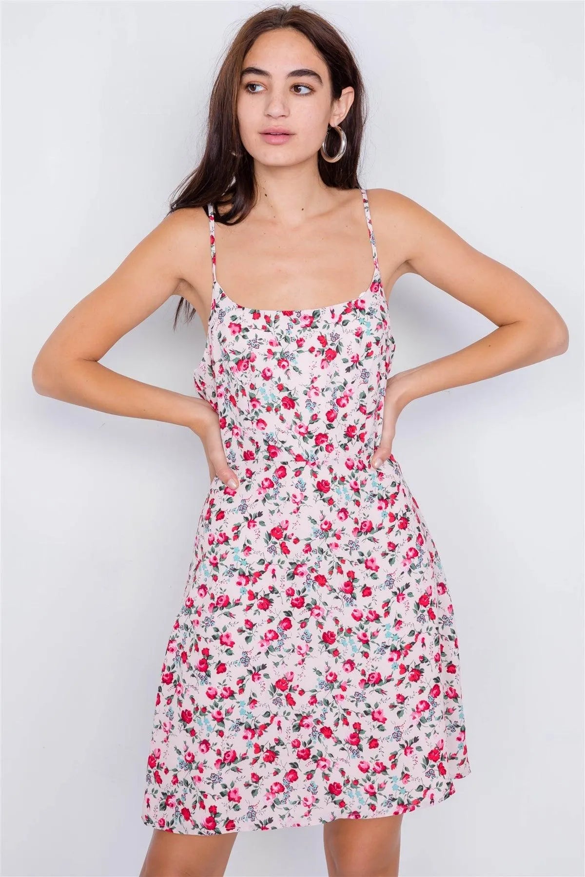 Blush Magenta Sky Blue Boho Floral Vintage Fit & Flare Neck Mini Dress /2-2-2-1 - Tasha Apparel Wholesale