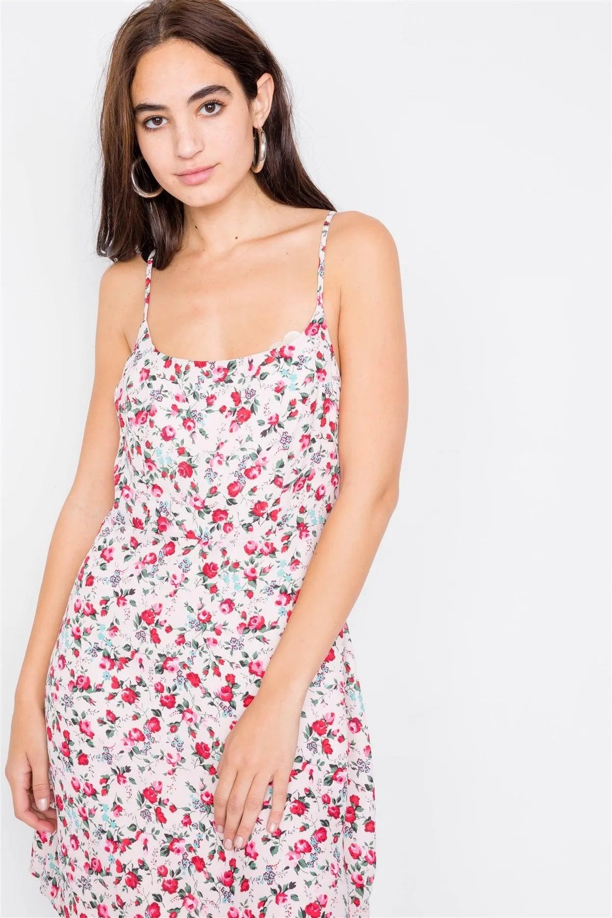 Blush Magenta Sky Blue Boho Floral Vintage Fit & Flare Neck Mini Dress /2-2-2-1 - Tasha Apparel Wholesale