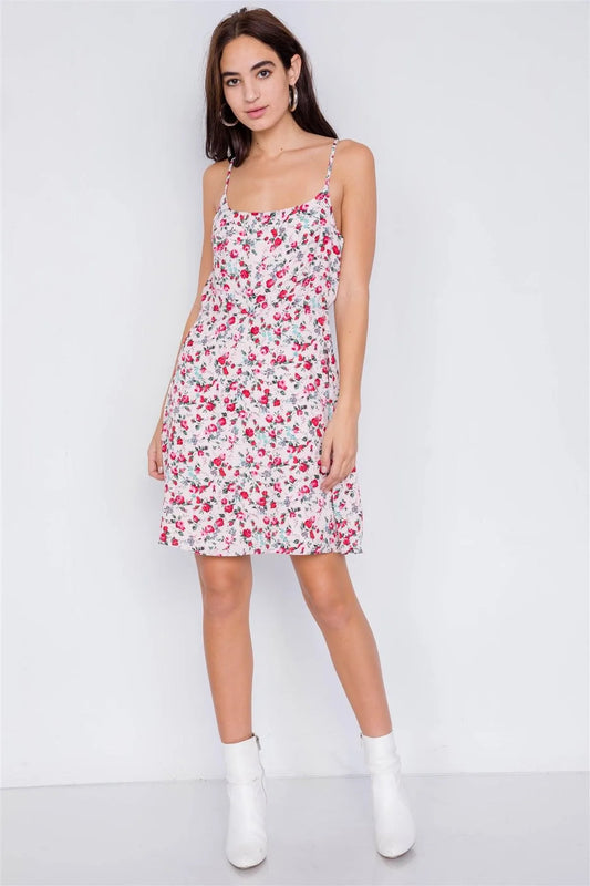 Blush Magenta Sky Blue Boho Floral Vintage Fit & Flare Neck Mini Dress - Tasha Apparel Wholesale